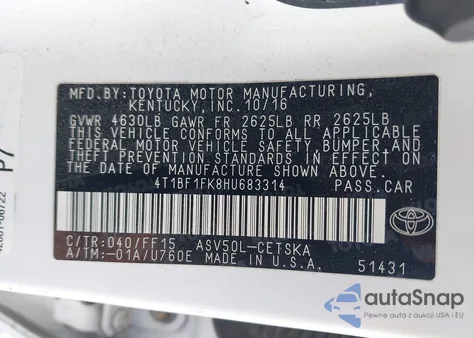 2017 Toyota Camry Se from USA, damaged, VIN 4T1BF1FK8HU683314